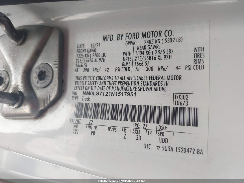 2022 Ford Transit VIN NM0LS7T21N1517951 IAAI salvage auction — NORMAL WEAR, Clear (Oklahoma), sold $11,050 on 2026-07-23 (photo 9)