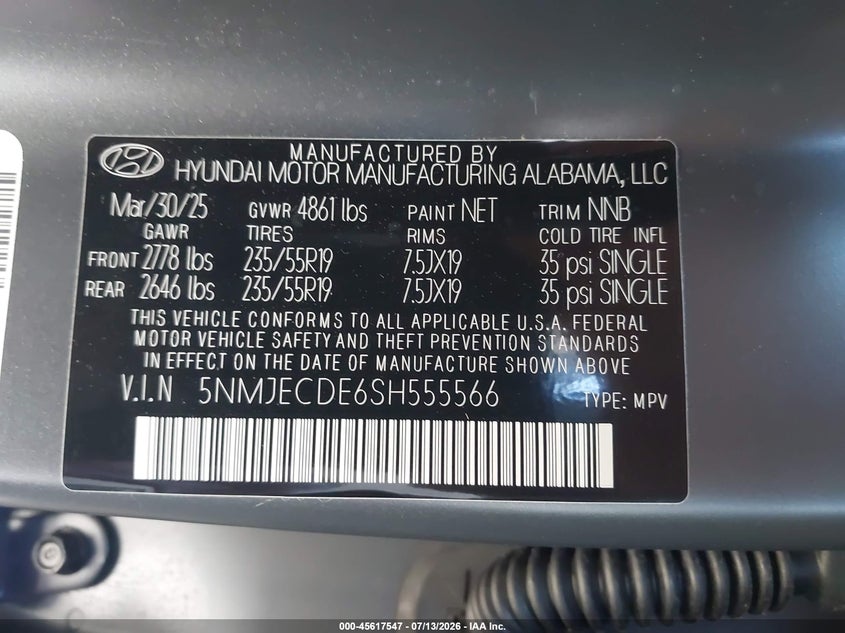 2025 Hyundai Tucson VIN 5NMJECDE6SH555566 IAAI salvage auction — REAR END, Salvage (Delaware), sold $11,600 on 2026-09-18 (photo 9)