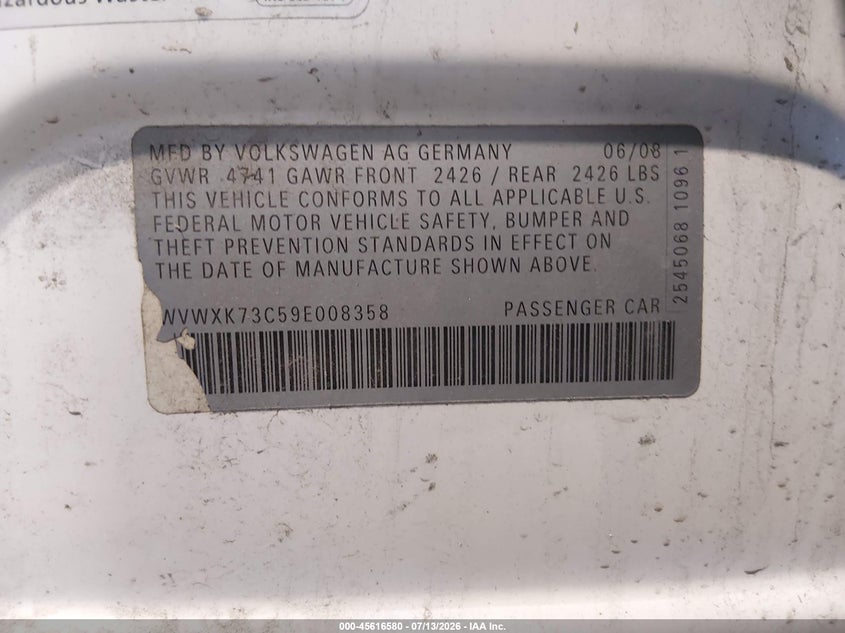 2009 Volkswagen Passat VIN WVWXK73C59E008358 IAAI salvage auction — FRONT END, Salvage (Utah), sold $250 on 2026-08-17 (photo 9)