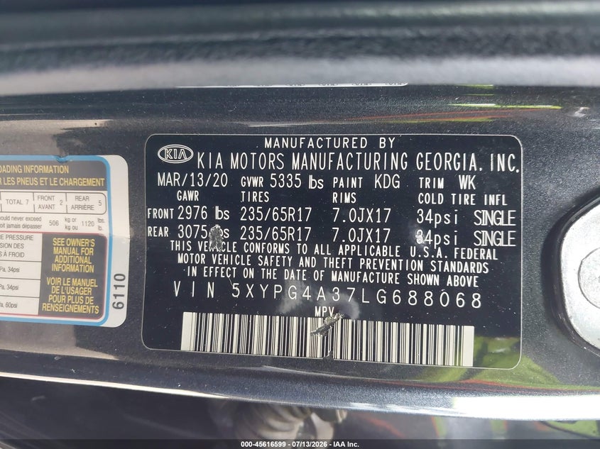 2020 Kia Sorento VIN 5XYPG4A37LG688068 IAAI salvage auction — LEFT SIDE, Salvage (Arizona), sold $2,350 on 2026-07-29 (photo 9)