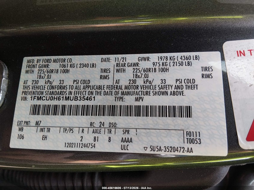 2021 Ford Escape VIN 1FMCU0H61MUB35461 IAAI salvage auction — FRONT & REAR, Salvage Title, sold $3,850 on 2026-07-31 (photo 9)