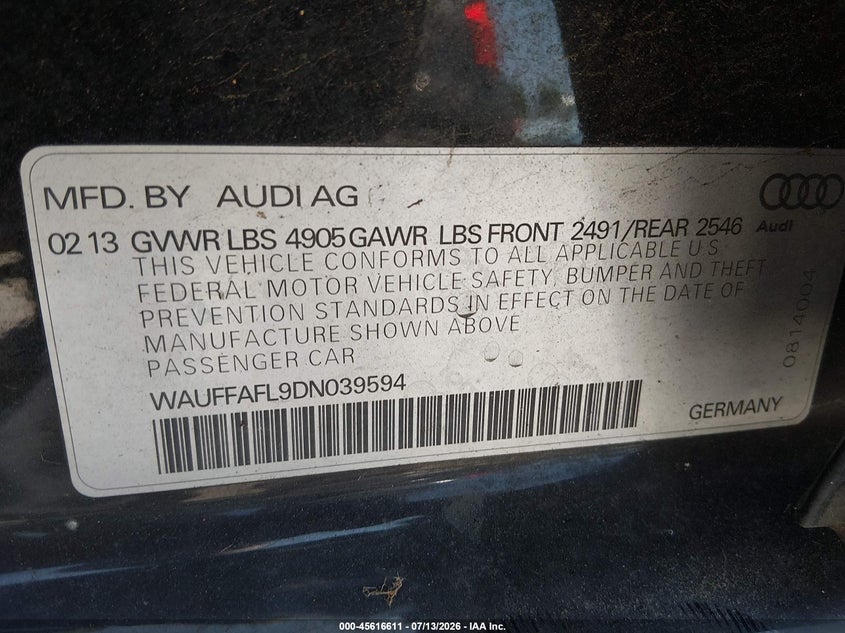 2013 Audi A4 VIN WAUFFAFL9DN039594 IAAI salvage auction — NORMAL WEAR, Salvage Title, sold $1,000 on 2026-07-29 (photo 9)