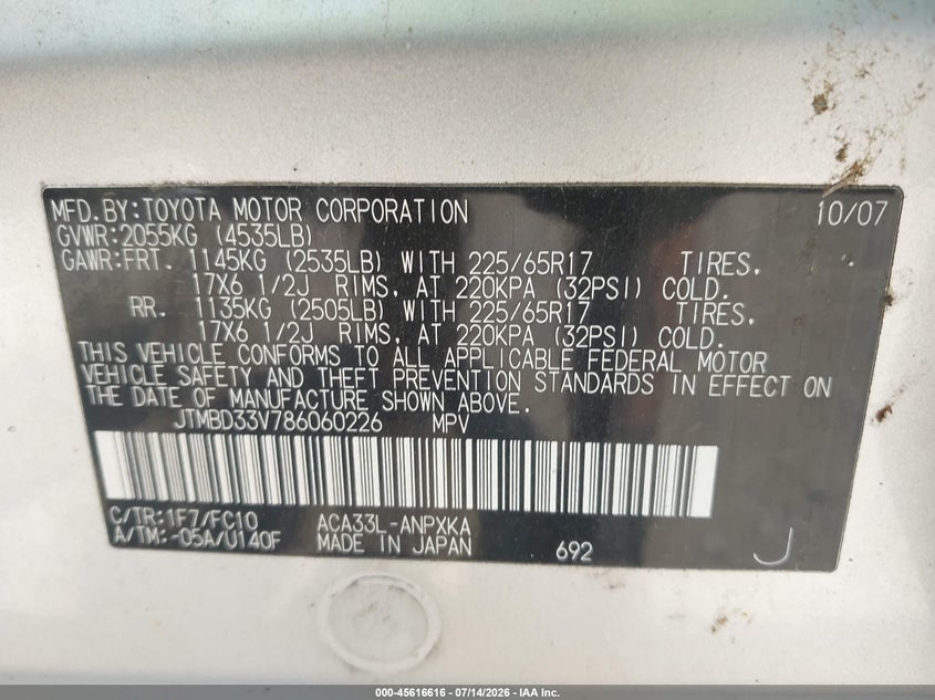 2008 Toyota Rav4 VIN JTMBD33V786060226 IAAI salvage auction — NORMAL WEAR, Clear (New York), sold $2,050 on 2026-07-30 (photo 9)