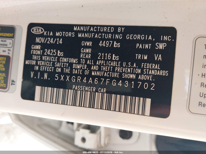 2015 Kia Optima VIN 5XXGR4A67FG431702 IAAI salvage auction — FRONT END, Salvage (California), sold $1,050 on 2026-07-16 (photo 9)