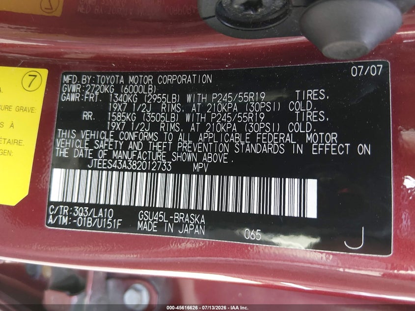 2008 Toyota Highlander VIN JTEES43A382012733 IAAI salvage auction — NORMAL WEAR, Clear (Massachusetts), sold $1,100 on 2026-07-29 (photo 9)