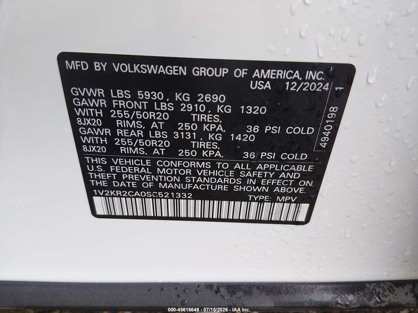 2025 Volkswagen Atlas VIN 1V2KR2CA0SC521332 IAAI salvage auction — REAR END, Clear (Arkansas), sold $14,100 on 2026-08-22 (photo 9)