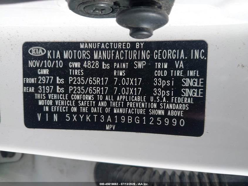 2011 Kia Sorento VIN 5XYKT3A19BG125990 IAAI salvage auction — NORMAL WEAR, Clear (Illinois), sold $1,250 on 2026-07-28 (photo 9)