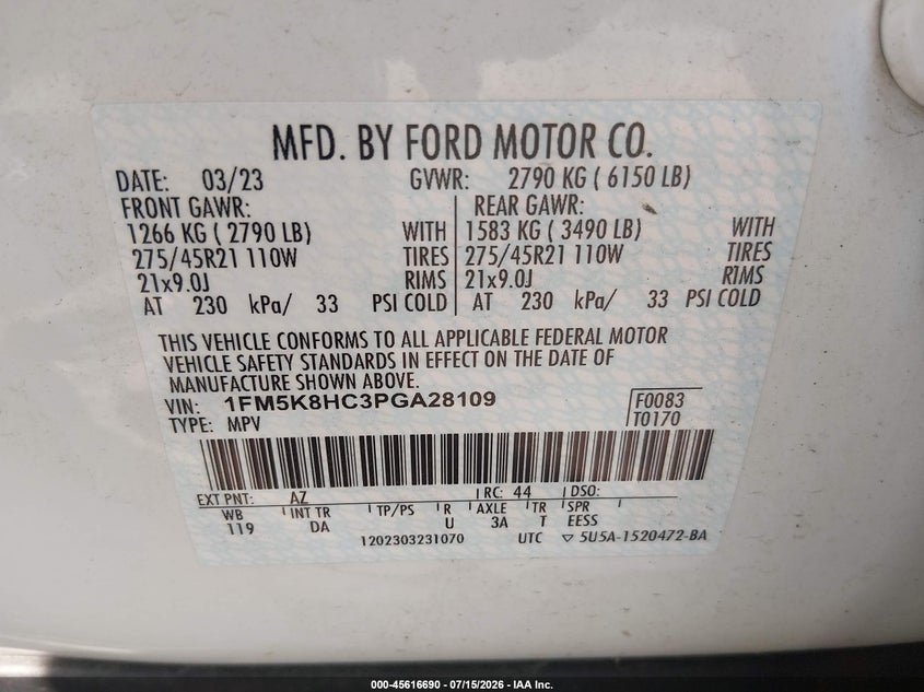 2023 Ford Explorer VIN 1FM5K8HC3PGA28109 IAAI salvage auction — FRONT END, Salvage Title, sold $13,500 on 2026-08-01 (photo 9)