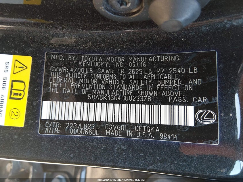 2016 Lexus ES VIN 58ABK1GG4GU023378 IAAI salvage auction — RIGHT FRONT, Salvage Title, sold $7,200 on 2026-07-26 (photo 9)