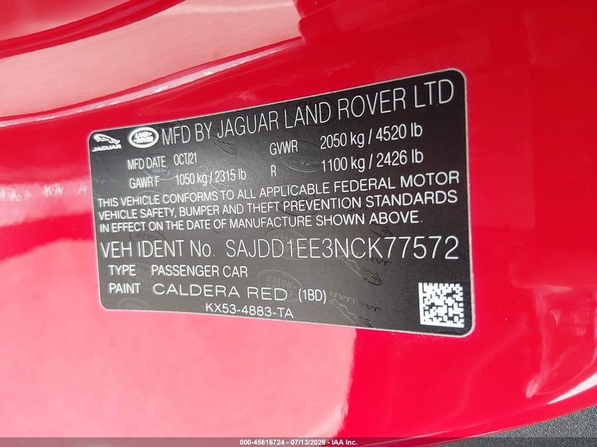 2022 Jaguar F-type VIN SAJDD1EE3NCK77572 IAAI salvage auction — FRONT END, Salvage Title, sold $19,100 on 2026-08-01 (photo 9)