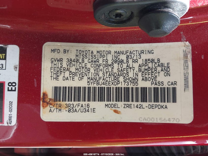 2013 Toyota Corolla VIN 5YFBU4EEXDP173755 IAAI salvage auction — NORMAL WEAR, Clear - Dealer Only (California), sold $2,175 on 2026-07-29 (photo 9)