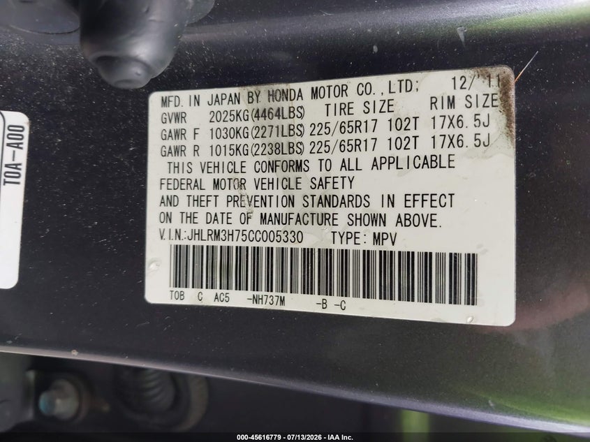 2012 Honda Cr-v VIN JHLRM3H75CC005330 IAAI salvage auction — NORMAL WEAR, Clear - Dealer Only (California), sold $2,300 on 2026-07-17 (photo 9)