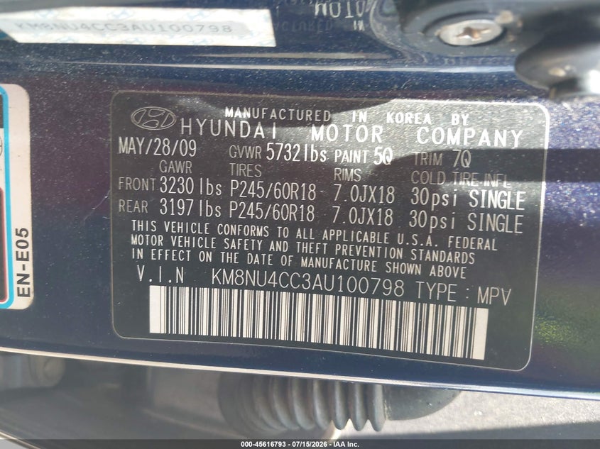 2010 Hyundai Veracruz VIN KM8NU4CC3AU100798 IAAI salvage auction — NORMAL WEAR, Clear (Alabama), sold $225 on 2026-07-21 (photo 9)