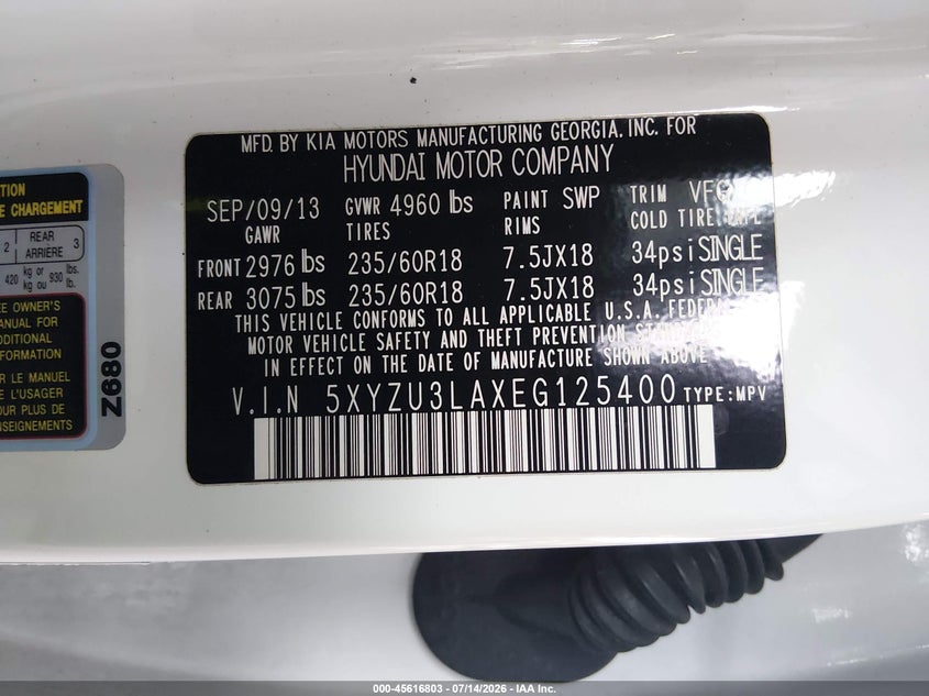 2014 Hyundai Santa fe VIN 5XYZU3LAXEG125400 IAAI salvage auction — NORMAL WEAR, Clear (Louisiana), sold $625 on 2026-07-28 (photo 9)