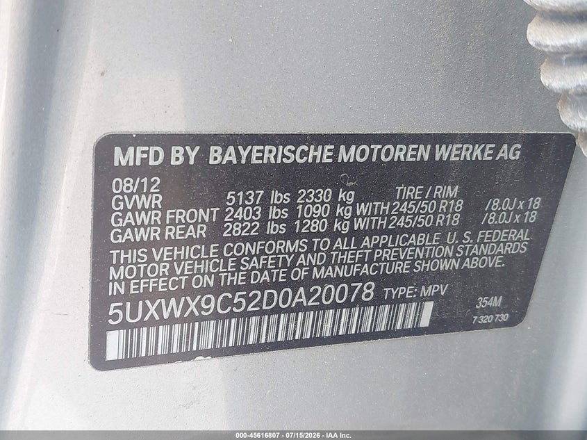 2013 BMW X3 VIN 5UXWX9C52D0A20078 IAAI salvage auction — NORMAL WEAR, Clear (North Carolina), sold $500 on 2026-07-29 (photo 9)