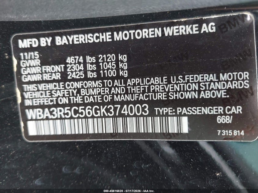 2016 BMW 4er VIN WBA3R5C56GK374003 IAAI salvage auction — RIGHT FRONT, Salvage Title, sold $2,225 on 2026-08-08 (photo 9)