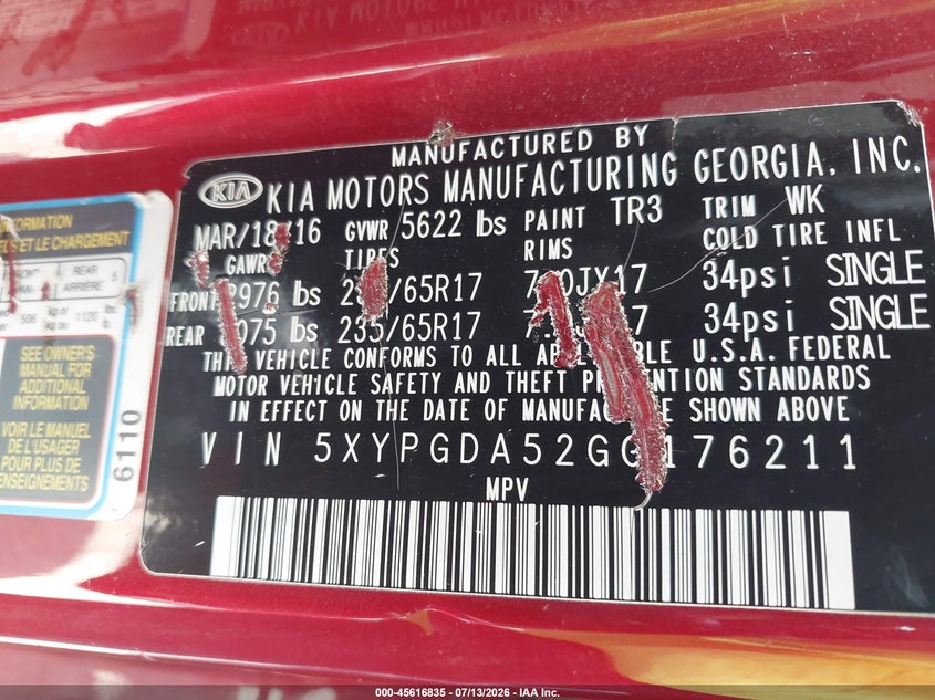 2016 Kia Sorento VIN 5XYPGDA52GG176211 IAAI salvage auction — NORMAL WEAR, Original (Texas), sold $1,250 on 2026-07-29 (photo 9)