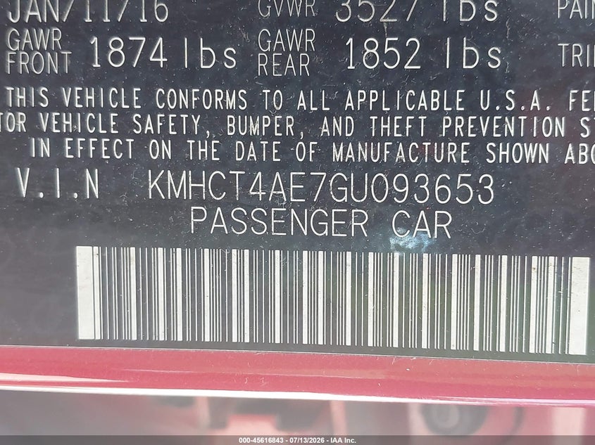 2016 Hyundai Accent VIN KMHCT4AE7GU093653 IAAI salvage auction — NORMAL WEAR, Clear (Maryland), sold $1,100 on 2026-07-30 (photo 9)