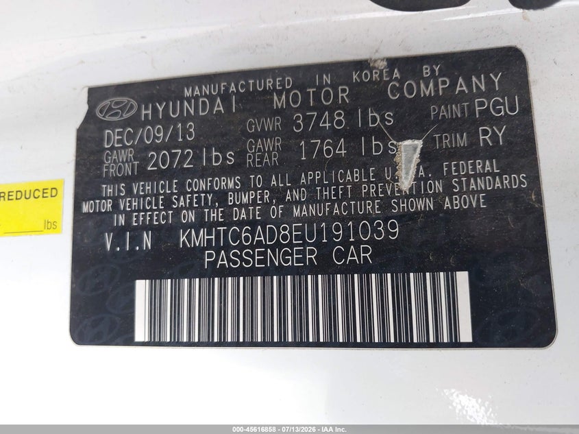2014 Hyundai Veloster VIN KMHTC6AD8EU191039 IAAI salvage auction — NORMAL WEAR, Clear (California), sold $1,050 on 2026-07-16 (photo 9)