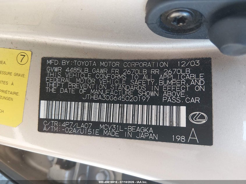 2004 Lexus Es 330 VIN JTHBA30G645020197 IAAI salvage auction — NORMAL WEAR, Clear-Dealer Only (Oregon), sold $175 on 2026-07-30 (photo 9)