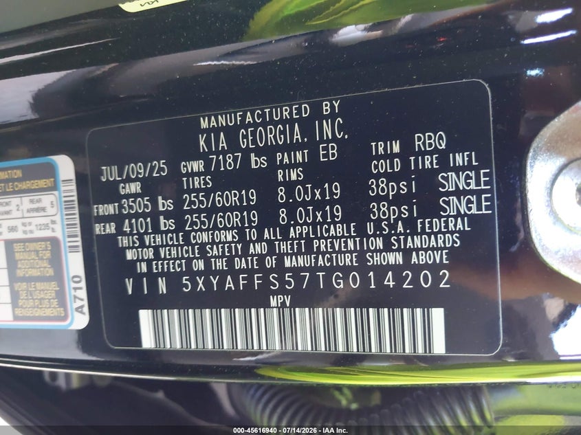 2026 Kia Ev9 VIN 5XYAFFS57TG014202 IAAI salvage auction — FRONT END, Salvage Title, sold $11,800 on 2026-08-01 (photo 9)