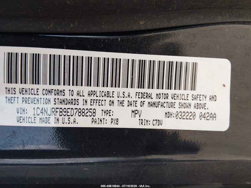 2014 Jeep Liberty (patriot) VIN 1C4NJRFB9ED788258 IAAI salvage auction — NORMAL WEAR, Clear (California), sold $775 on 2026-07-23 (photo 9)