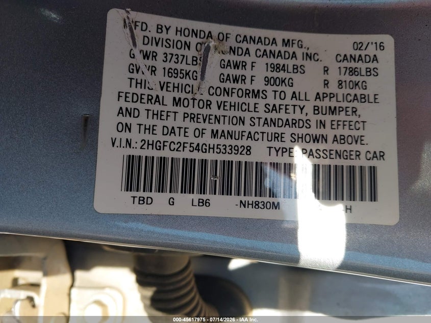 2016 Honda Civic VIN 2HGFC2F54GH533928 IAAI salvage auction — FRONT END, Salvage Title, sold $3,900 on 2026-08-31 (photo 9)