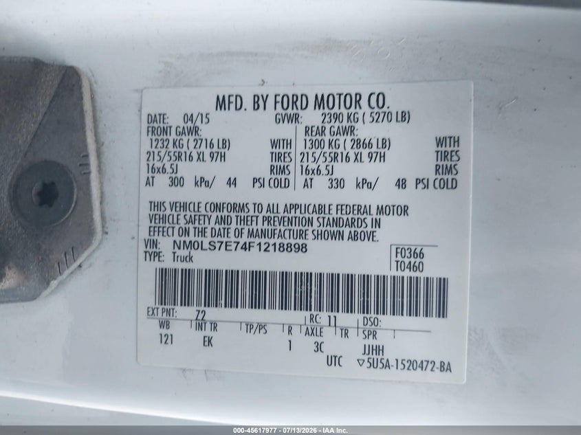 2015 Ford Transit VIN NM0LS7E74F1218898 IAAI salvage auction — NORMAL WEAR, Original (Vermont), sold $725 on 2026-07-23 (photo 9)