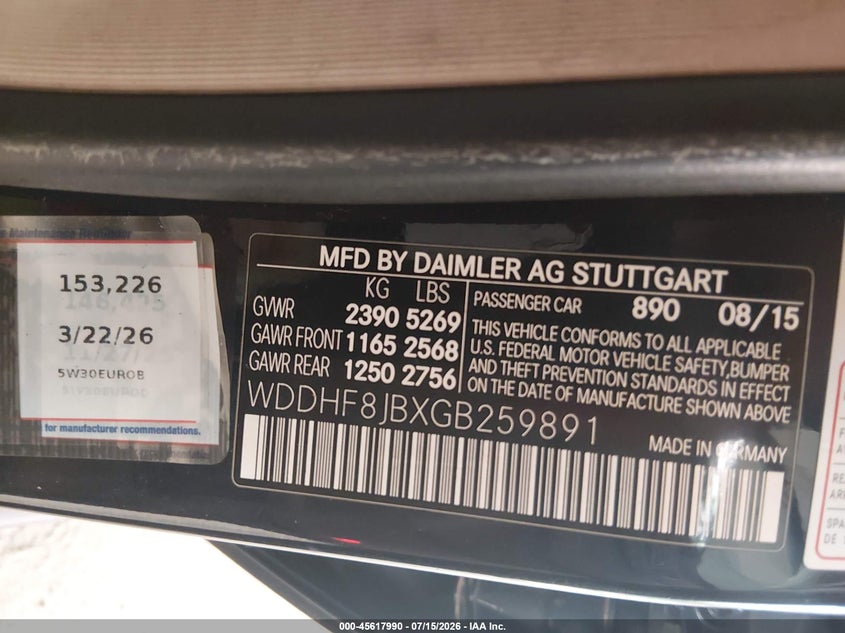 2016 Mercedes-benz E-klasse VIN WDDHF8JBXGB259891 IAAI salvage auction — LEFT SIDE, Salvage (Connecticut), sold $2,425 on 2026-08-19 (photo 9)