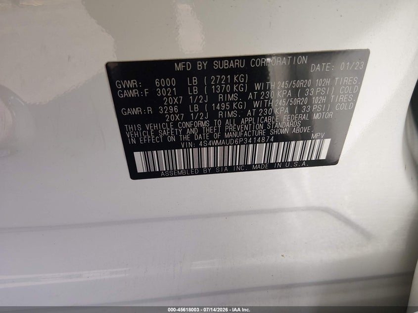 2023 Subaru Ascent VIN 4S4WMAUD6P3414874 IAAI salvage auction — REAR END, Wait Title, sold $13,650 on 2026-08-20 (photo 9)