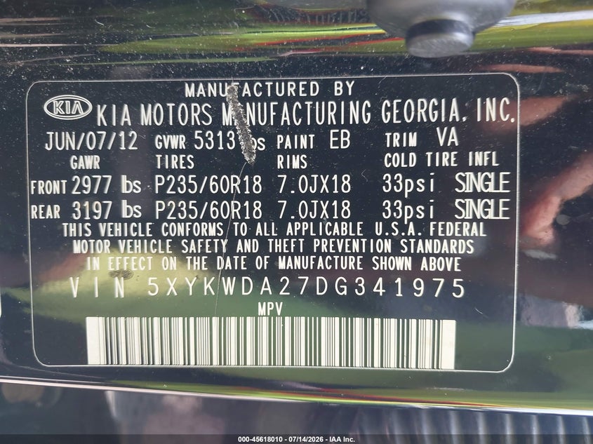 2013 Kia Sorento VIN 5XYKWDA27DG341975 IAAI salvage auction — FRONT END, Salvage Title, sold $1,050 on 2026-08-02 (photo 9)