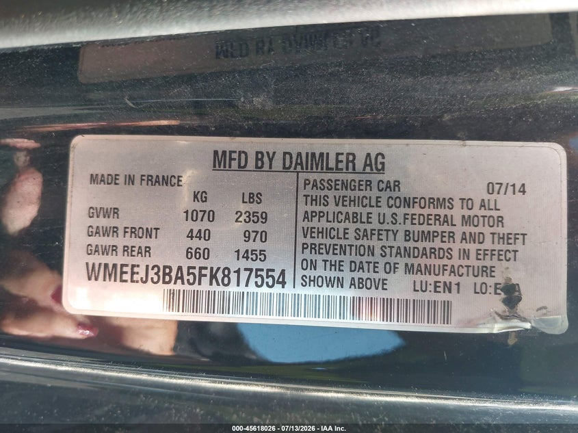2015 Smart Fortwo VIN WMEEJ3BA5FK817554 IAAI salvage auction — NORMAL WEAR, Clear (New Jersey), sold $1,950 on 2026-07-29 (photo 9)