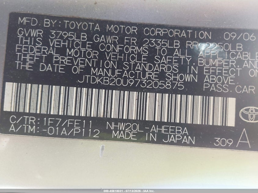 2007 Toyota Prius VIN JTDKB20U973205875 IAAI salvage auction — NORMAL WEAR, Clear (Maryland), sold $375 on 2026-07-30 (photo 9)