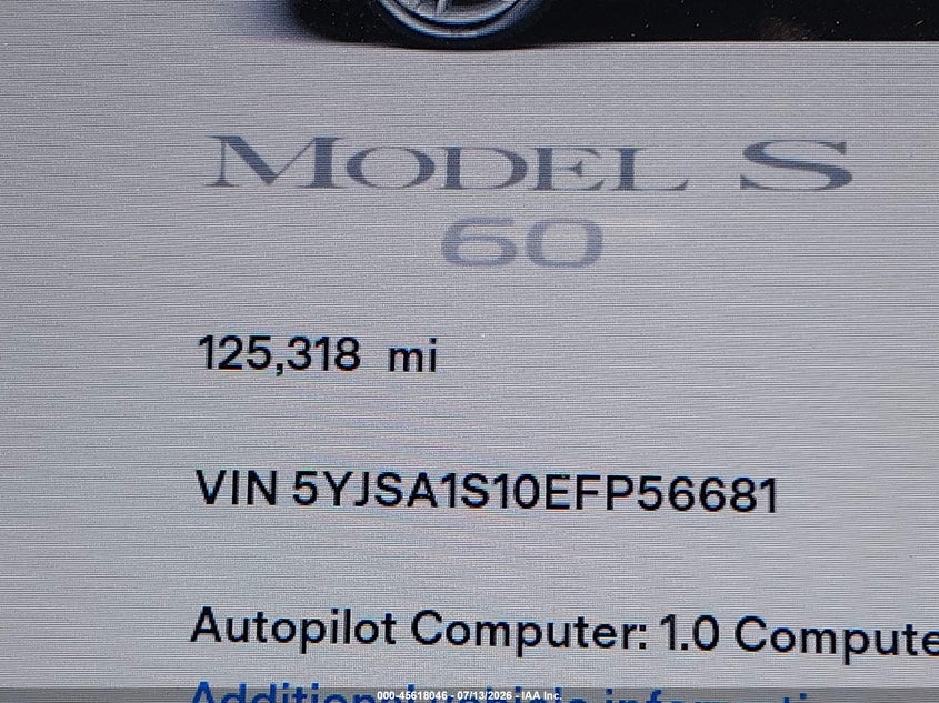 2014 Tesla Model s VIN 5YJSA1S10EFP56681 IAAI salvage auction — MECHANICAL, Clear (Florida), sold $2,500 on 2026-07-22 (photo 7)
