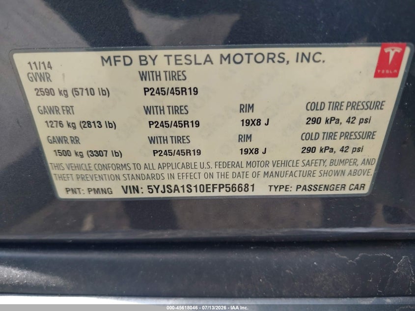 2014 Tesla Model s VIN 5YJSA1S10EFP56681 IAAI salvage auction — MECHANICAL, Clear (Florida), sold $2,500 on 2026-07-22 (photo 9)
