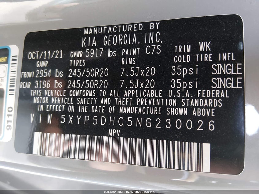 2022 Kia Telluride VIN 5XYP5DHC5NG230026 IAAI salvage auction — FRONT END, Wait Title, sold $6,000 on 2026-10-07 (photo 9)
