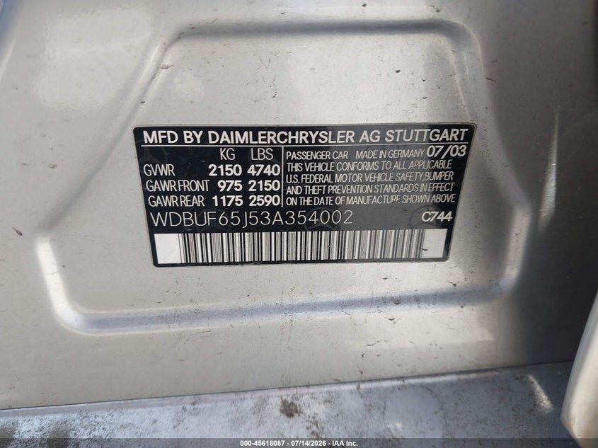 2003 Mercedes-benz E-class VIN WDBUF65J53A354002 IAAI salvage auction — REAR END, Salvage (Idaho), sold $350 on 2026-07-30 (photo 9)