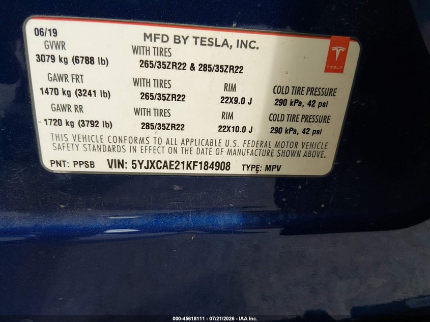 2019 Tesla Model x VIN 5YJXCAE21KF184908 IAAI salvage auction — FRONT END, Salvage (Illinois), sold $7,300 on 2026-08-23 (photo 9)