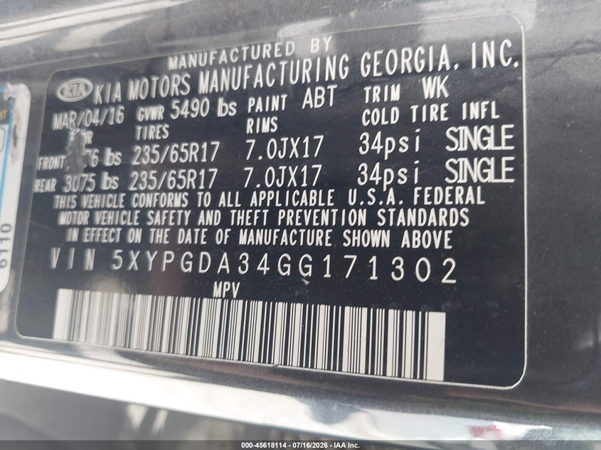 2016 Kia Sorento VIN 5XYPGDA34GG171302 IAAI salvage auction — NORMAL WEAR, Clear (Virginia), sold $725 on 2026-07-28 (photo 9)