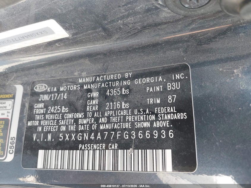 2015 Kia Optima VIN 5XXGN4A77FG366936 IAAI salvage auction — NORMAL WEAR, Regular Certificate (Iowa), sold $1,300 on 2026-07-28 (photo 9)