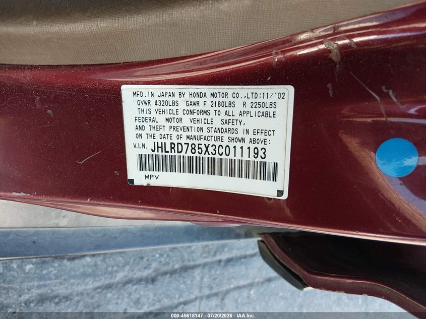 2003 Honda Cr-v VIN JHLRD785X3C011193 IAAI salvage auction — NORMAL WEAR, Clear-Dealer Only (North Carolina), sold $25 on 2026-07-29 (photo 9)