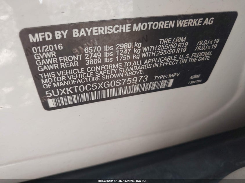 2016 BMW X5 VIN 5UXKT0C5XG0S75973 IAAI salvage auction — FRONT END, Clear (Indiana), sold $3,900 on 2026-07-29 (photo 9)