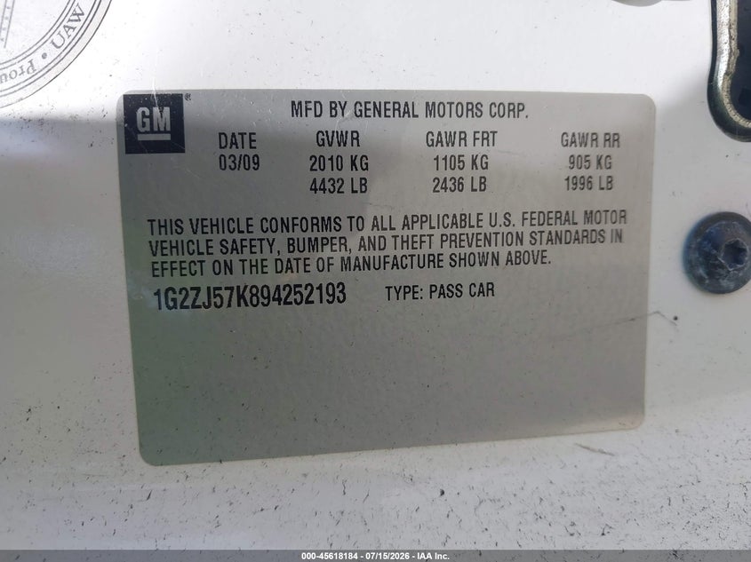 2009 Pontiac VIN 1G2ZJ57K894252193 IAAI salvage auction — NORMAL WEAR, Clear - Dealer Only (California), sold $225 on 2026-07-23 (photo 9)