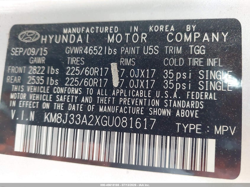 2016 Hyundai Tucson VIN KM8J33A2XGU081617 IAAI salvage auction — NORMAL WEAR, Clear - Dealer Only (California), sold $4,425 on 2026-07-28 (photo 9)