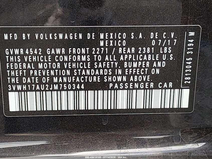 2018 Volkswagen Golf VIN 3VWH17AU2JM750344 IAAI salvage auction — RIGHT SIDE, Salvage (Nevada), sold $2,850 on 2026-08-26 (photo 9)