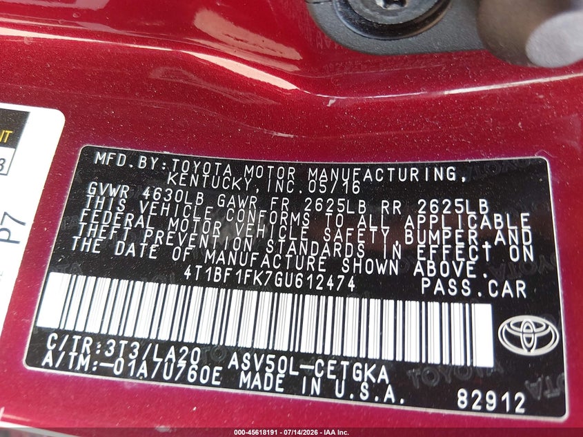 2016 Toyota Camry VIN 4T1BF1FK7GU612474 IAAI salvage auction — SIDE, Salvage (Ohio), sold $2,900 on 2026-07-31 (photo 9)