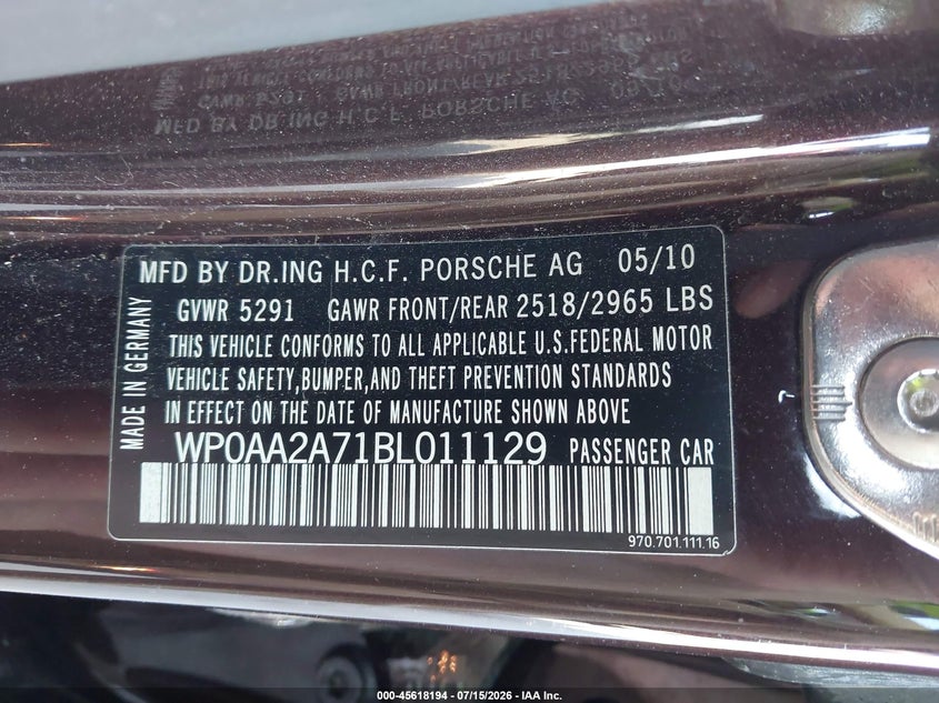 2011 Porsche Panamera VIN WP0AA2A71BL011129 IAAI salvage auction — LEFT FRONT, Salvage (Nebraska), sold $4,075 on 2026-08-13 (photo 9)