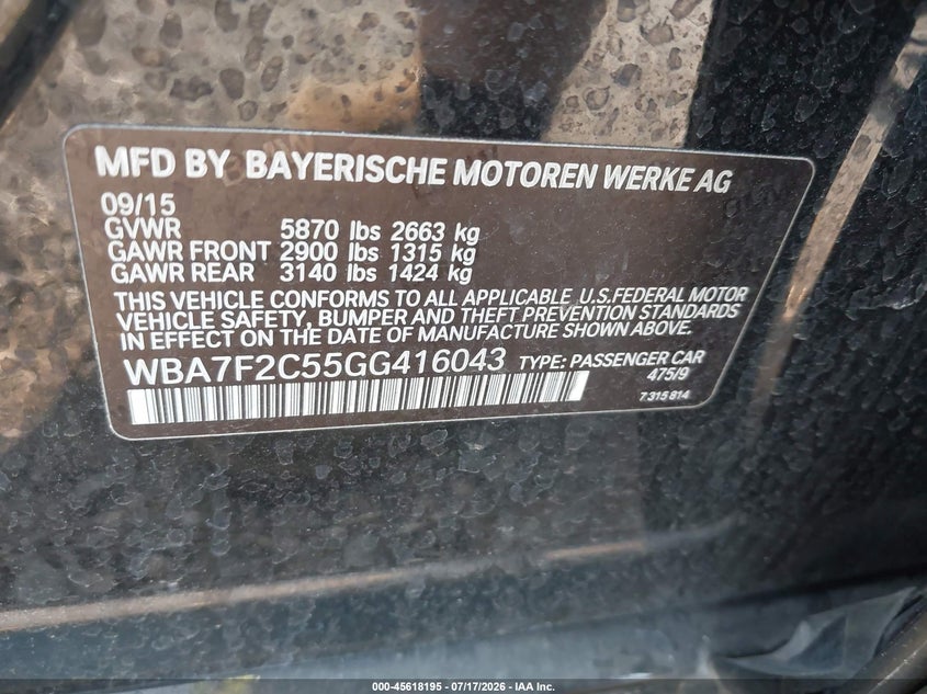 2016 BMW 7er VIN WBA7F2C55GG416043 IAAI salvage auction — LEFT SIDE, Salvage Title, sold $6,800 on 2026-08-18 (photo 9)