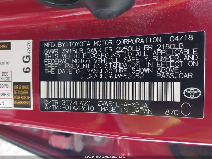 2018 Toyota Prius VIN JTDKARFU9J3552052 IAAI salvage auction — FRONT END, Clear (Indiana), sold $2,100 on 2026-07-29 (photo 9)