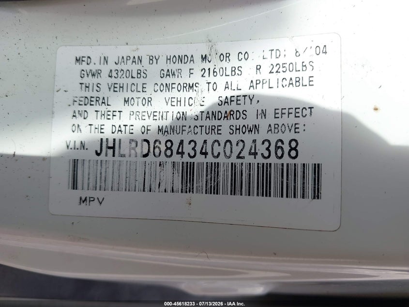 2004 Honda Cr-v VIN JHLRD68434C024368 IAAI salvage auction — FRONT END, Salvage (North Carolina), sold $25 on 2026-07-28 (photo 9)
